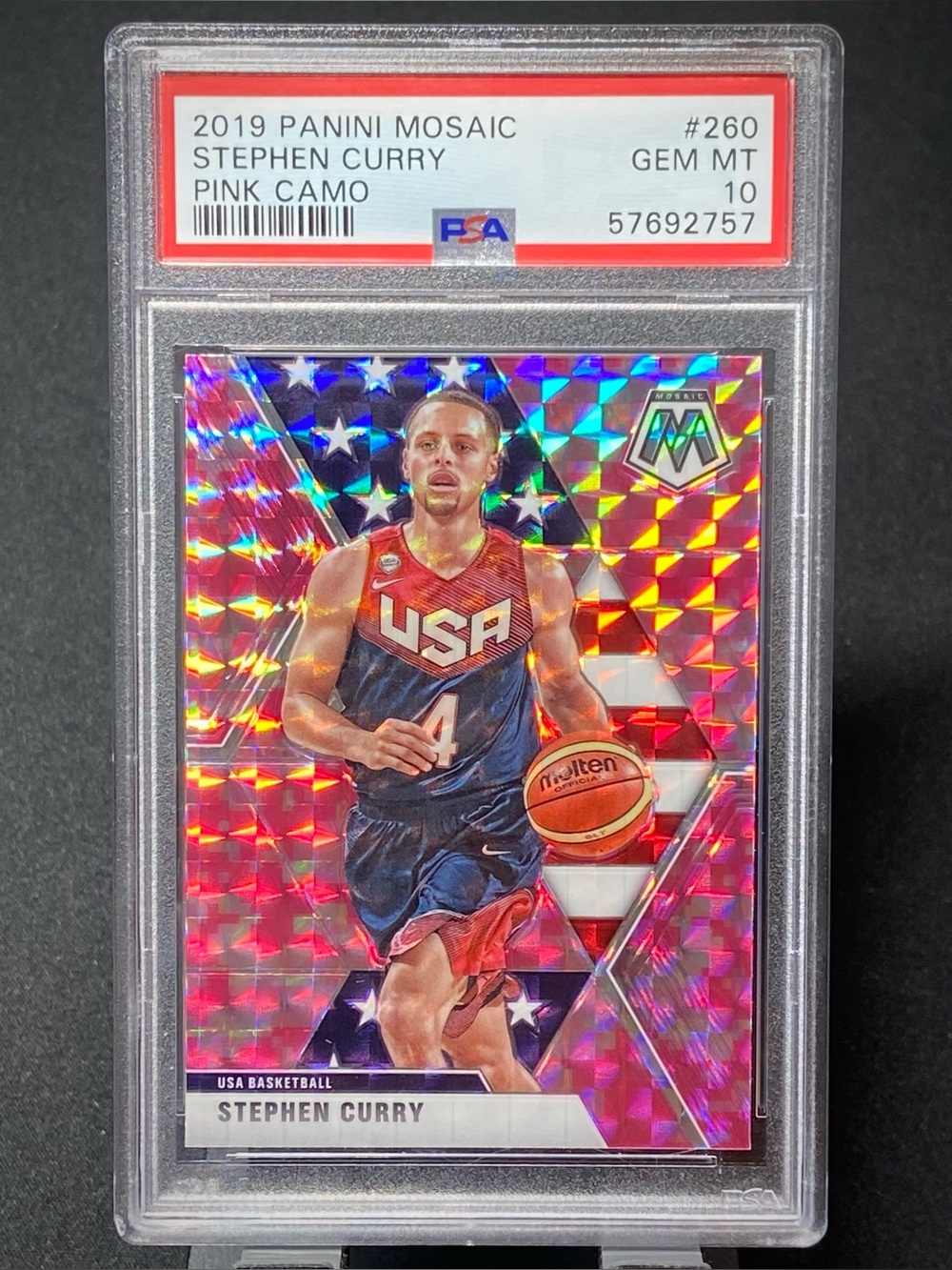 2018 STEPHEN CURRY PSA 10 GEM MT Panini Mosaic Pink Camo USA Basketball Warriors
